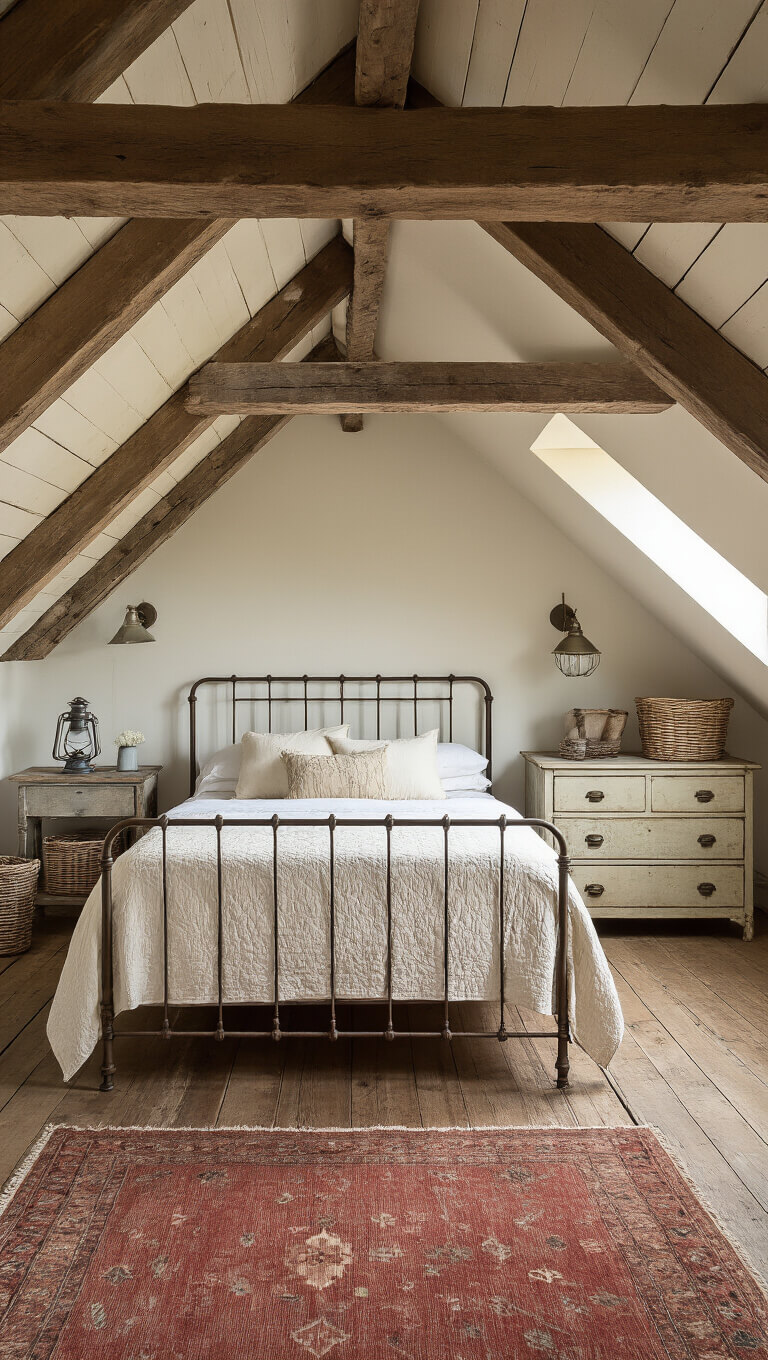 Rustic 160 sq ft attic bedroom with exposed beams, vintage iron bed, antique pine dresser, galvanized lanterns, woven baskets, and muted red wool rug in soft morning light.