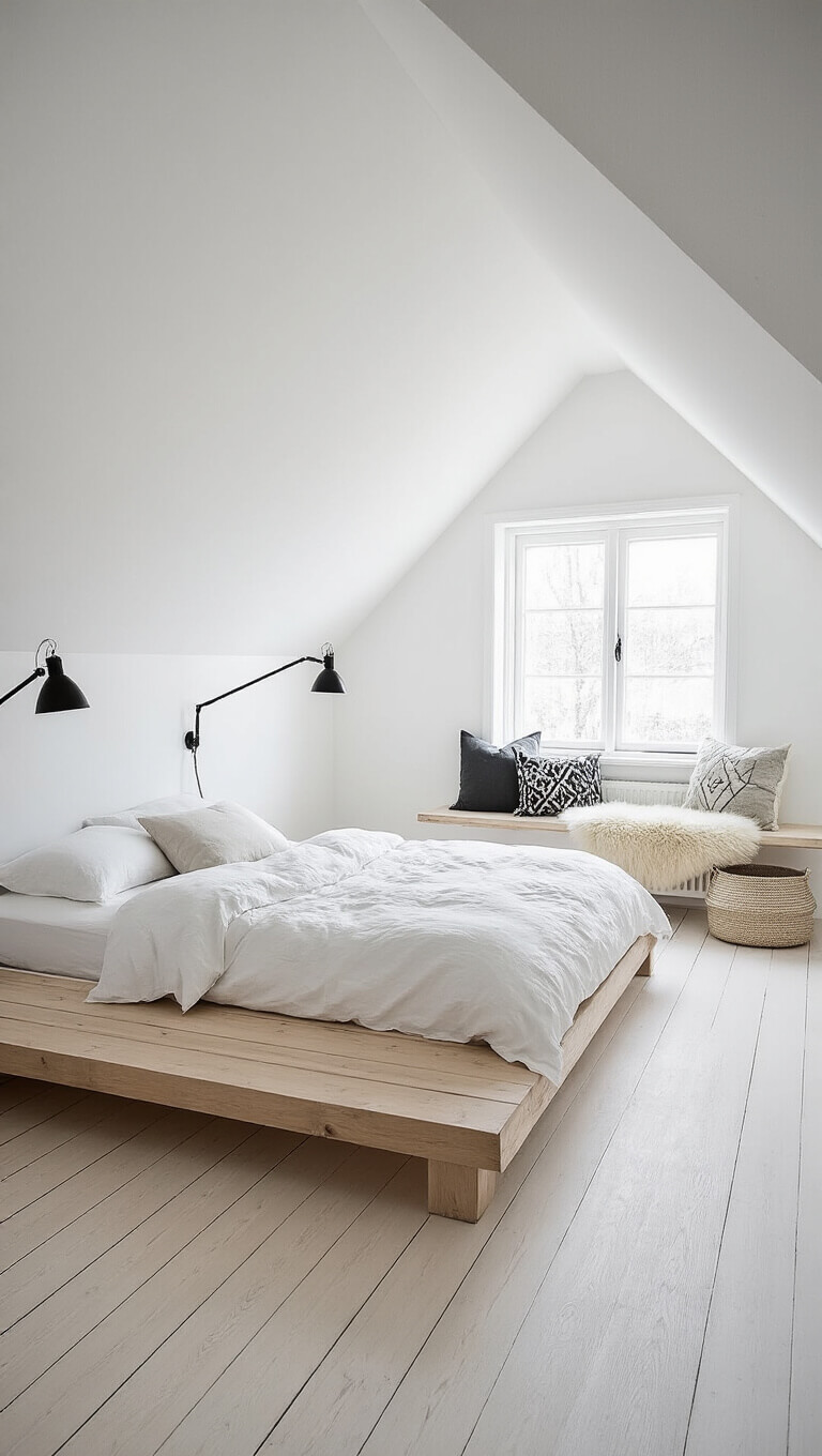 Minimalist Scandinavian attic bedroom with bleached wood floors, white walls, low oak platform bed, black sconces, and vintage bench under eave window.