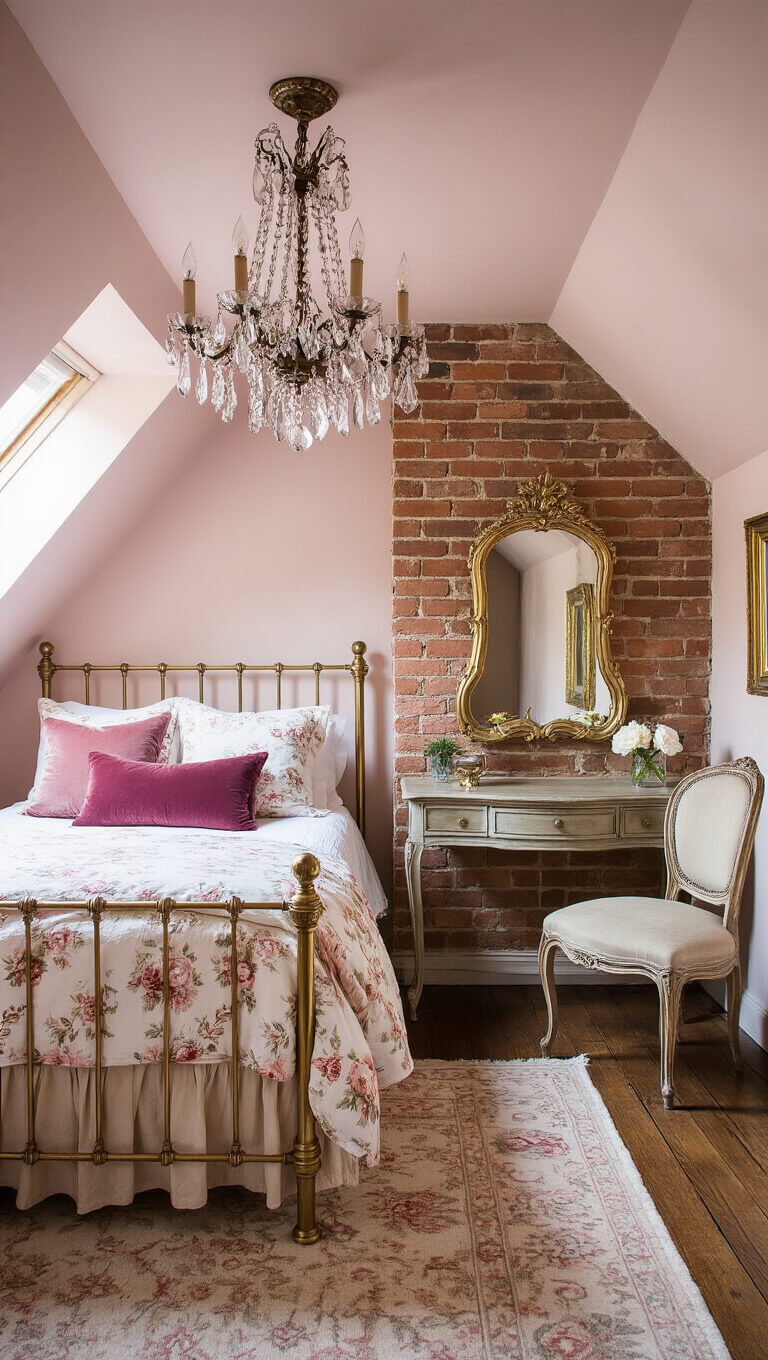 Vintage romantic attic retreat with blush pink walls, brass bed in floral linens, crystal chandelier, and antique vanity under eave.