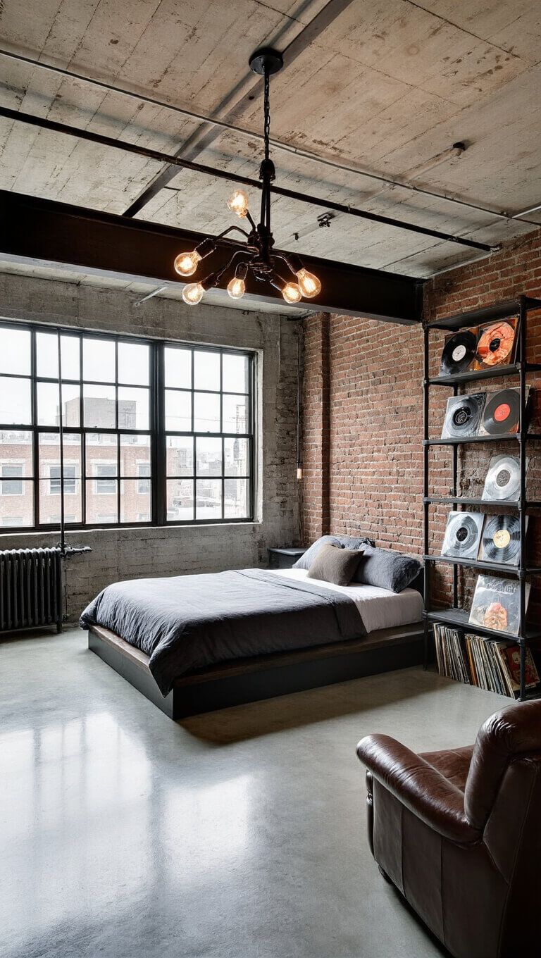 Industrial loft attic with exposed steel beams, concrete floors, king bed, vinyl shelving, Edison chandelier, and vintage leather chair in dramatic afternoon light.