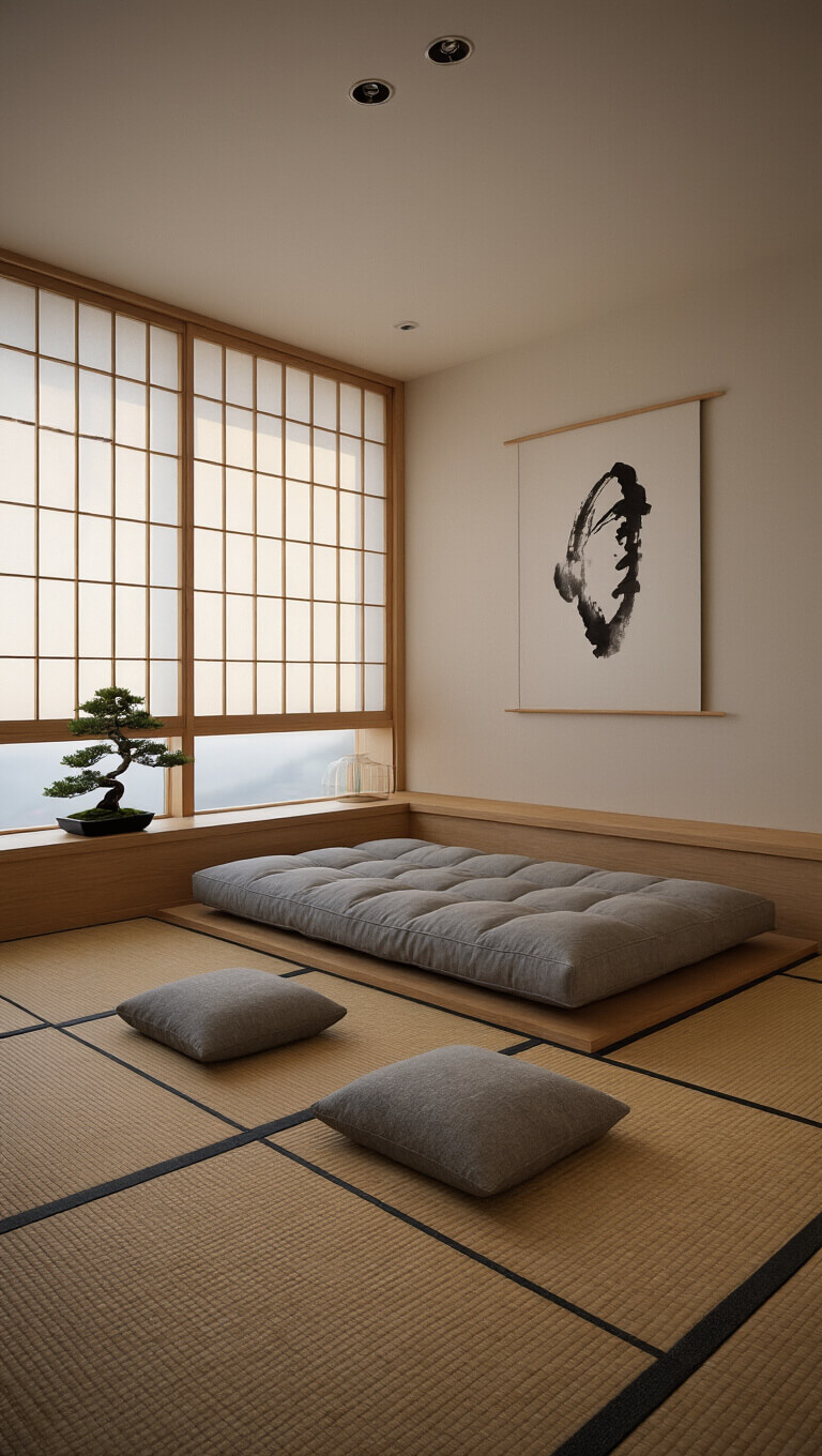 Peaceful attic Zen retreat with low futon on tatami, bamboo floor, shoji screens filtering dawn light, bonsai on shelf, and minimalist black ink artwork.