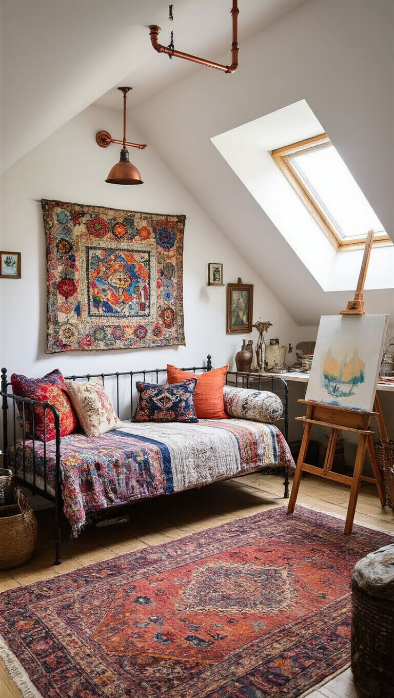 Eclectic attic artist studio with textile art, iron daybed, easel by dormer window, vintage rug, and curated objects on copper shelves.