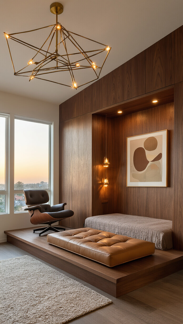 Mid-century modern attic with walnut accent wall, cognac leather platform bed, Eames lounge chair, brass lighting casting shadows, and abstract earth-tone art at sunset.