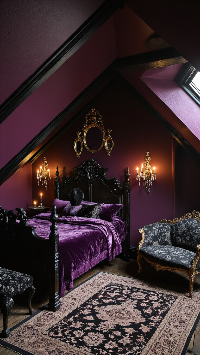 Moody gothic attic retreat with jewel-toned velvet bed, dark floral Victorian settee, gilded mirrors, and crystal sconces casting dramatic evening shadows.