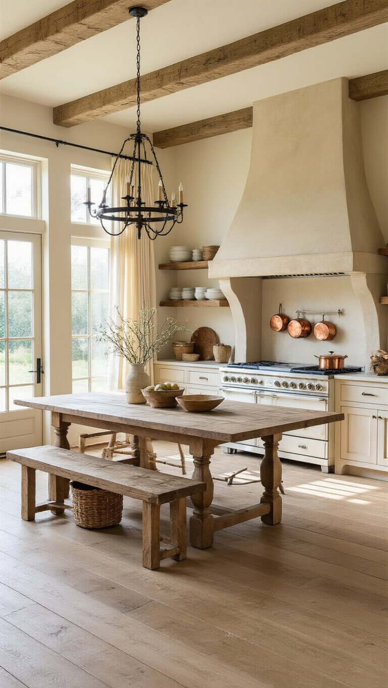 French country kitchen with oak floors, farmhouse table, copper pots, and cream accents bathed in golden hour sunlight.