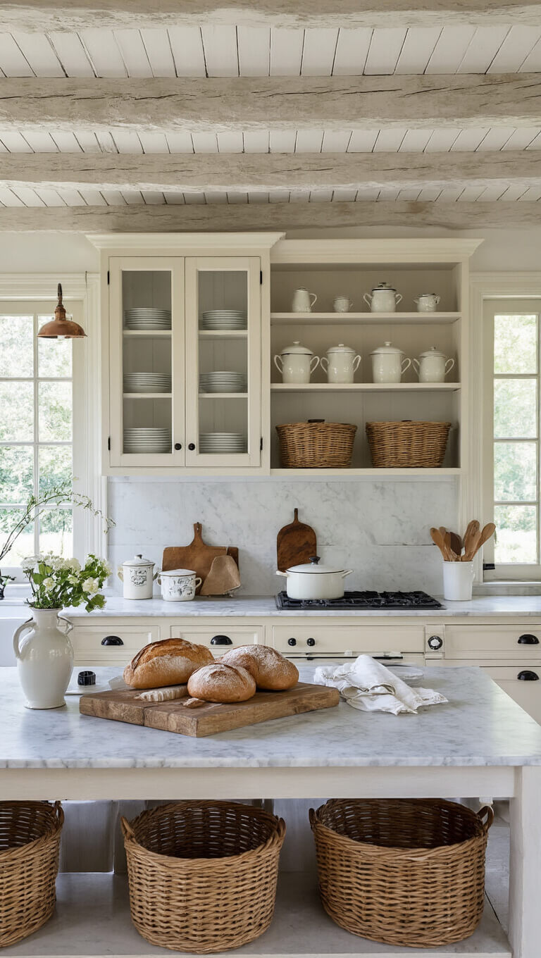 French provincial kitchen with antique cream cabinets, marble counters, vintage enamelware, fresh baguettes, and woven baskets in soft morning light.