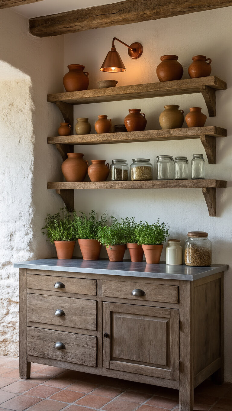 Rustic French kitchen corner at dusk with open reclaimed wood shelves displaying earthenware and vintage glass; zinc prep table below styled with potted herbs; warm lighting highlights whitewashed stone walls and copper sconces.