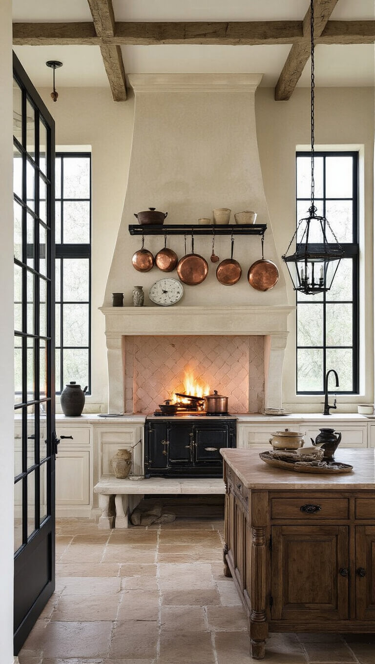 Grand French country kitchen at twilight with limestone fireplace, copper pot rack, black steel-framed windows, cream plaster walls, antique oak island topped with marble, vintage scale, and pottery collection; moody lighting from fireplace and lanterns.
