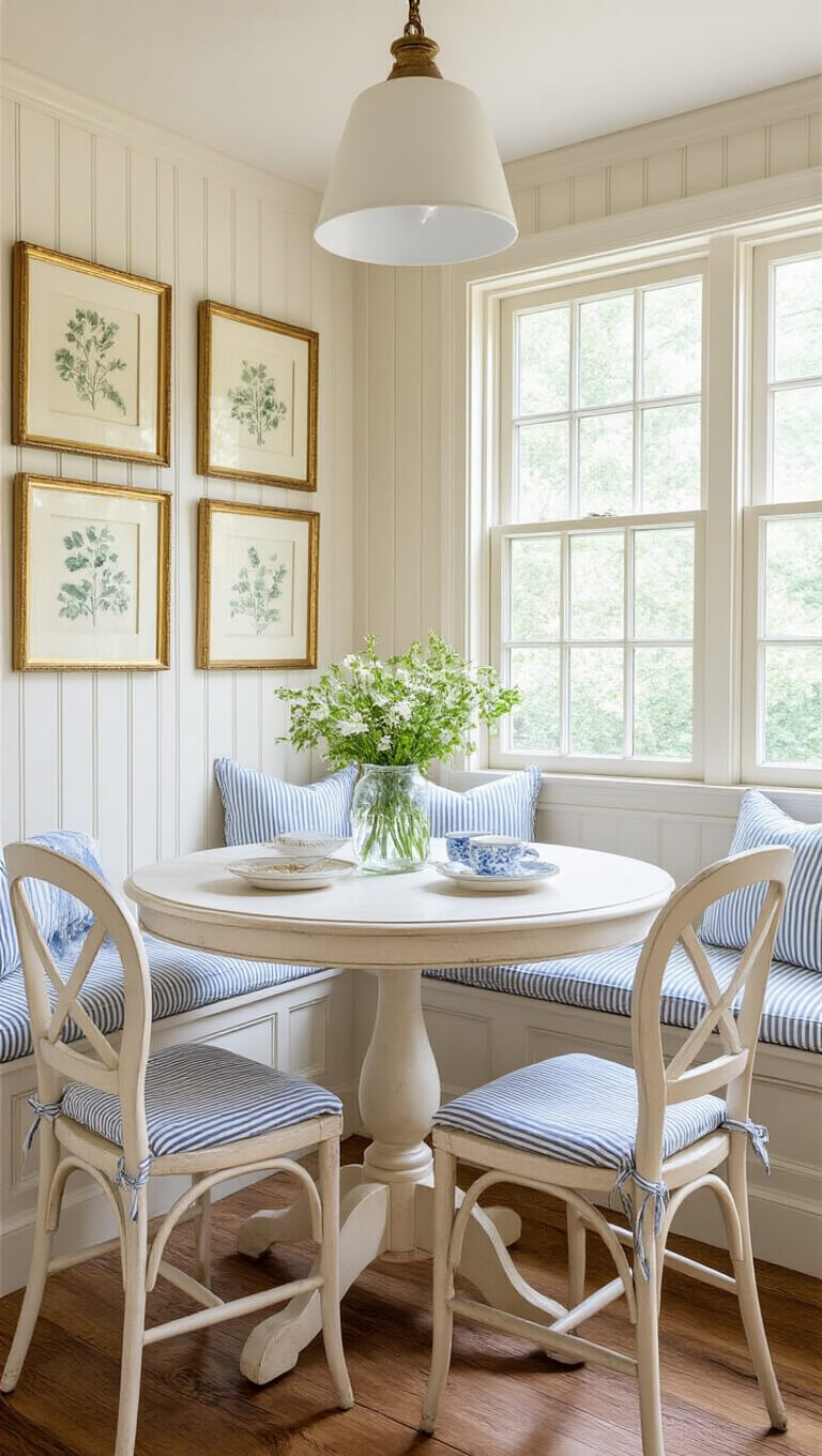 Sunlit French kitchen nook with round table, striped linen, cream vintage chairs, and botanical prints above beadboard walls.