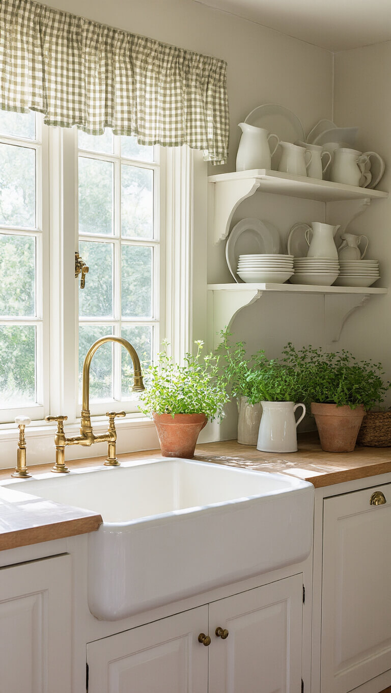 French provincial kitchen corner with cream farmhouse sink below mullioned window, brass faucet, potted herbs, ironstone pitchers on open shelves, and gingham café curtains filtering midday sunlight.