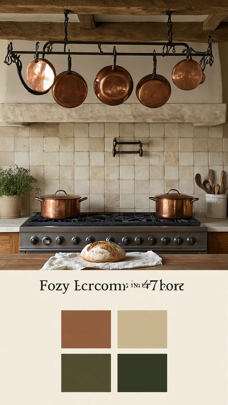 Cozy French country kitchen with copper pots, stone counters, rising bread dough, and warm lighting from vintage sconces.