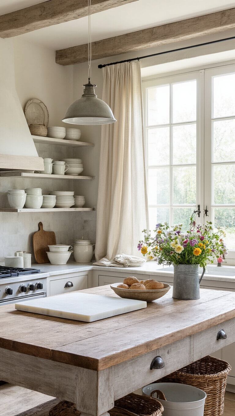 French farmhouse kitchen with large weathered wood island, marble pastry slab, vintage enamelware on open shelves, fresh flowers in zinc bucket, and linen curtains filtering morning light.