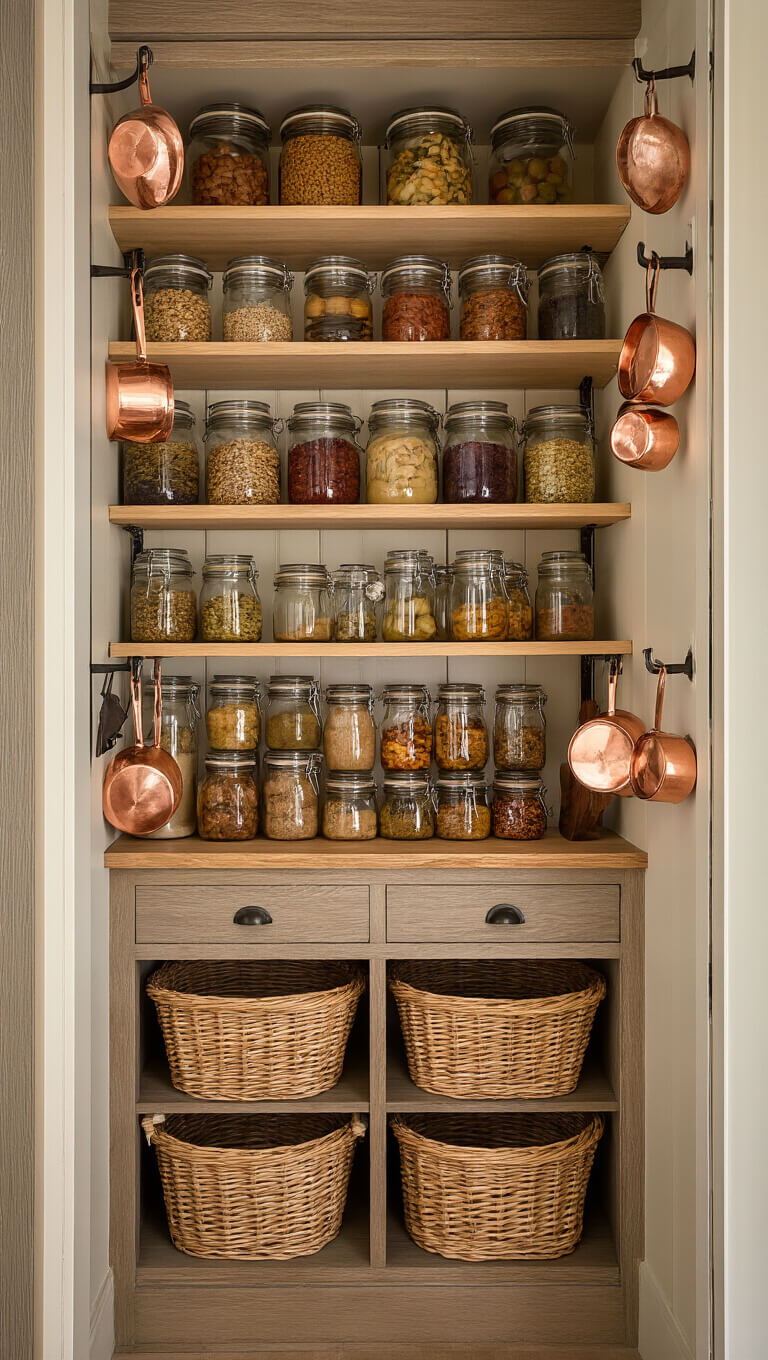 Floor-to-ceiling open pantry shelves in a small French kitchen, filled with glass jars of preserved goods, woven baskets on lower shelves, and copper measuring cups hanging from iron hooks, all warmly lit to highlight wood, glass, and copper elements.