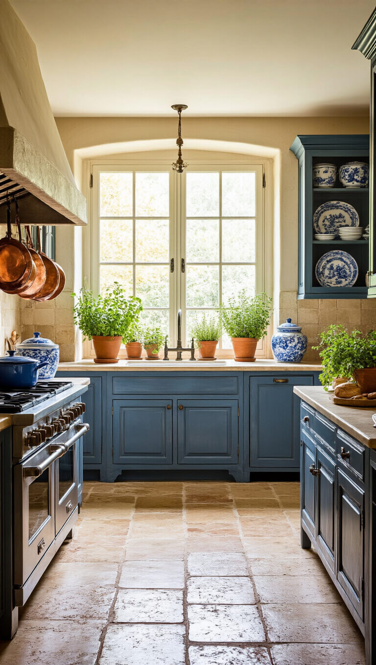 French provincial kitchen with limestone floors, copper cookware, blue and white porcelain on antique buffet, and terracotta potted herbs on windowsill bathed in golden hour light.