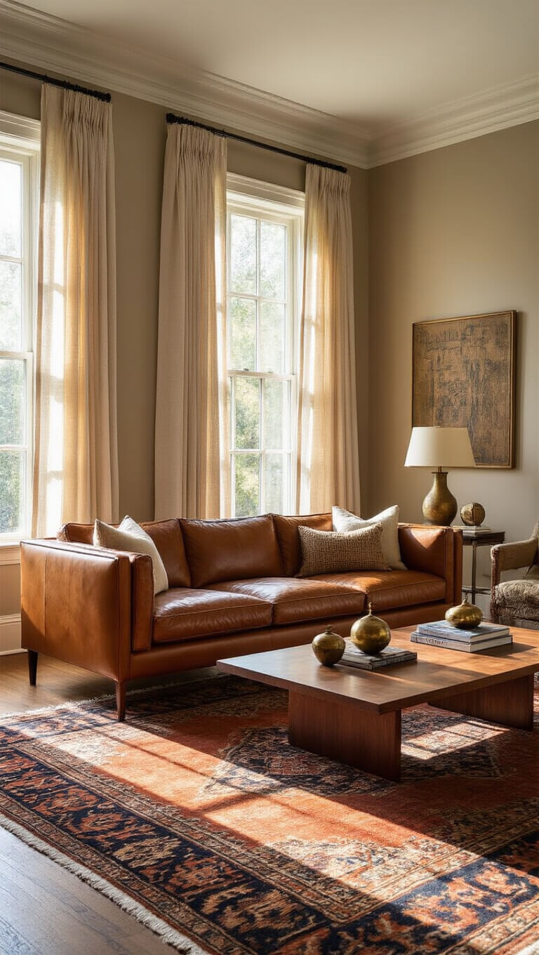Sunlit mid-century living room with cognac leather sofa, vintage rugs, walnut coffee table, and crown molding during golden hour.