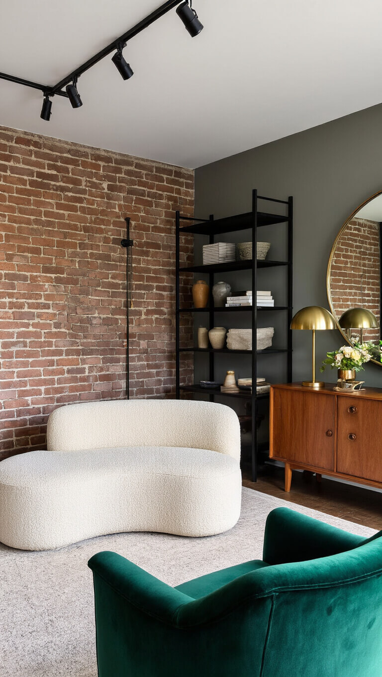 Moody urban living room with exposed brick wall, cream bouclé sofa, black shelving, vintage teak sideboard, emerald velvet chair, and dramatic lighting.