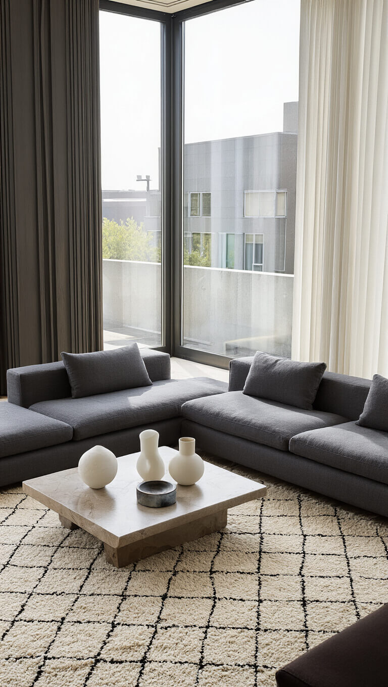 Minimalist living room with charcoal platform sofa, Noguchi coffee table, and geometric Moroccan rug, viewed from above in natural midday light.