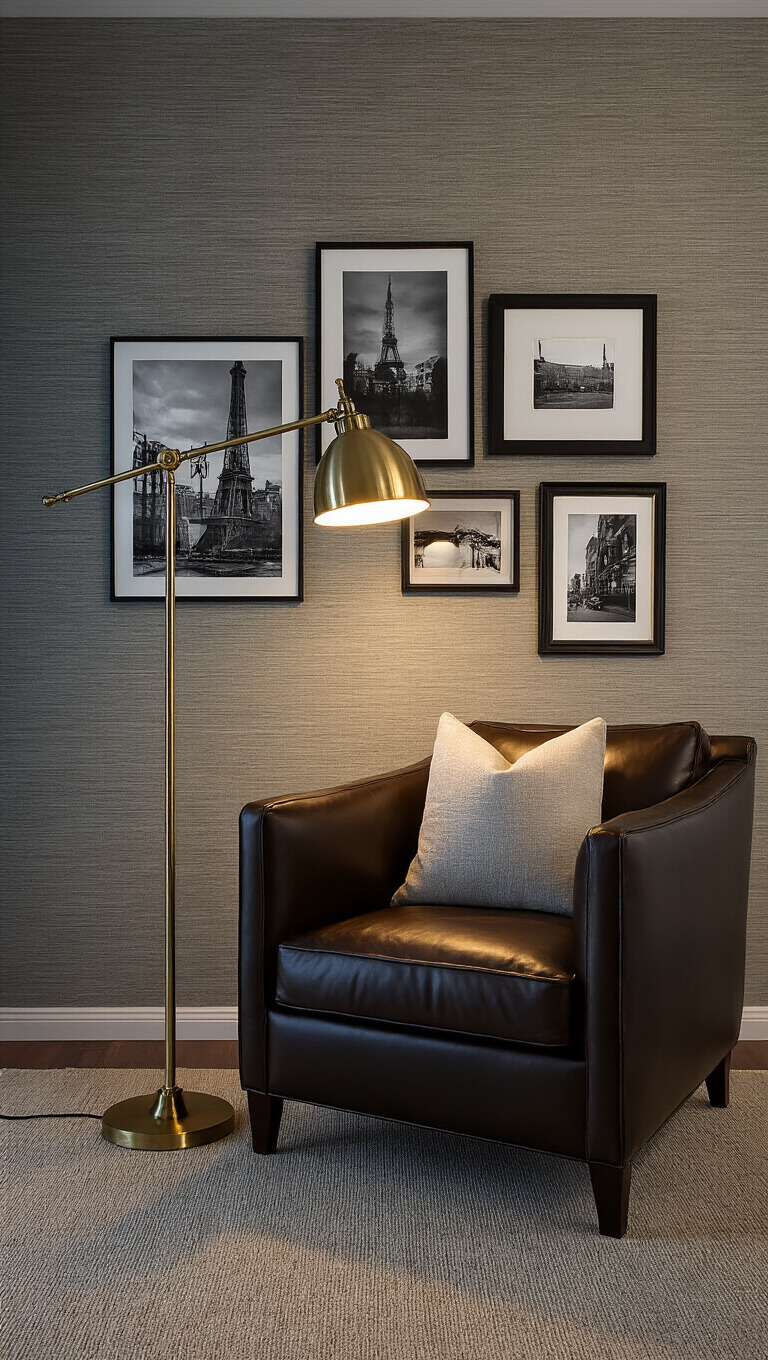 Cozy 12x14ft living room with leather armchair, brass floor lamp, gallery wall of black and white photos, and textured grasscloth wallpaper, softly lit during blue hour.