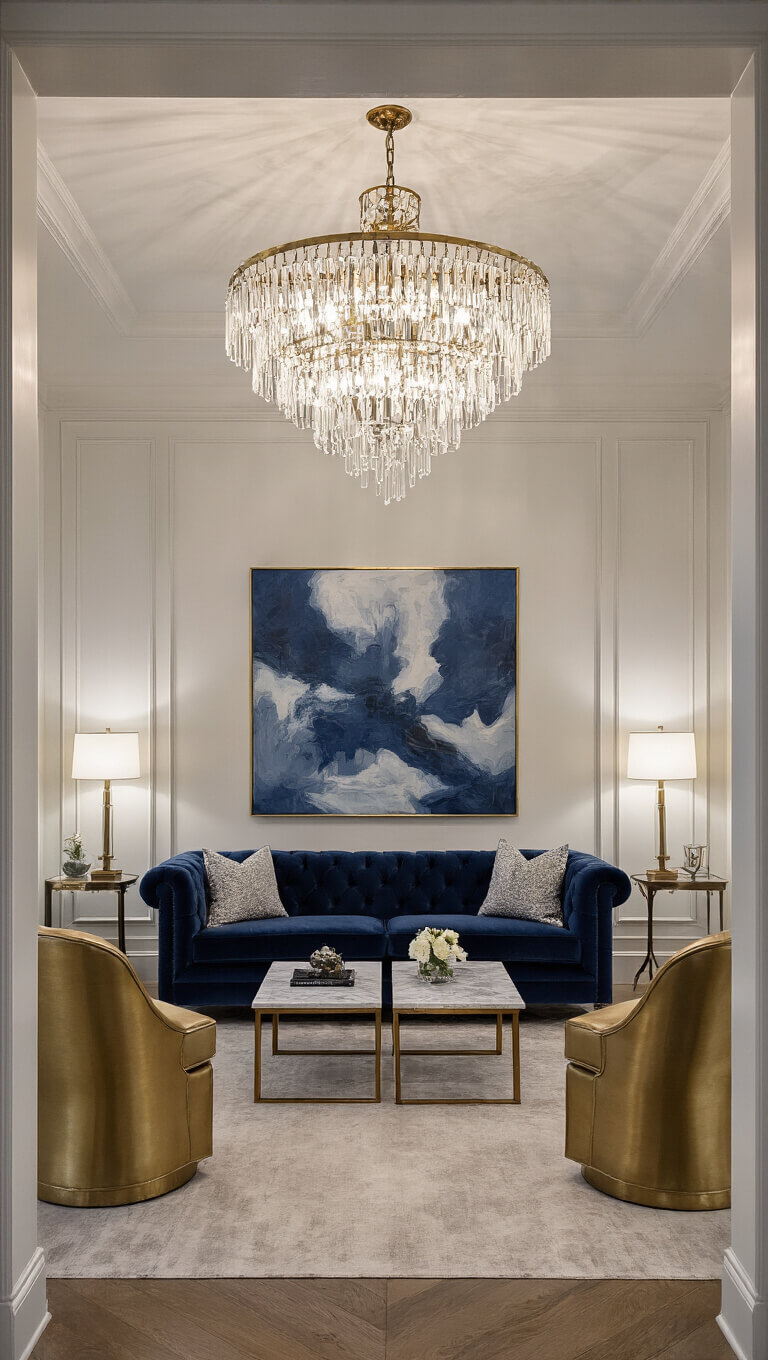 Elegant 14x16ft sitting room at dusk with navy velvet tufted sofa, vintage brass swivel chairs, marble coffee table, and crystal chandelier, viewed from doorway.