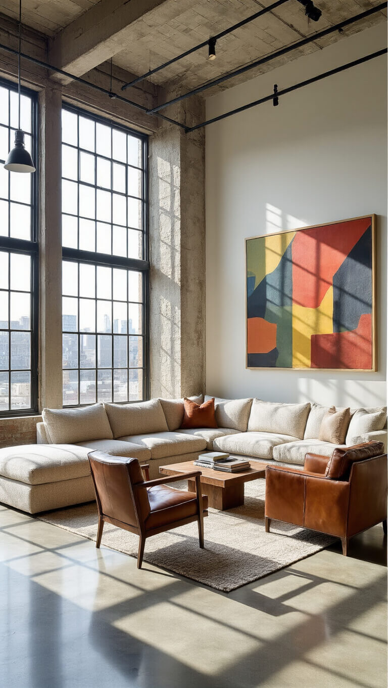 Loft-style living space with large industrial windows, concrete floors, neutral sectional, vintage leather chairs, and abstract art, bathed in late afternoon light.