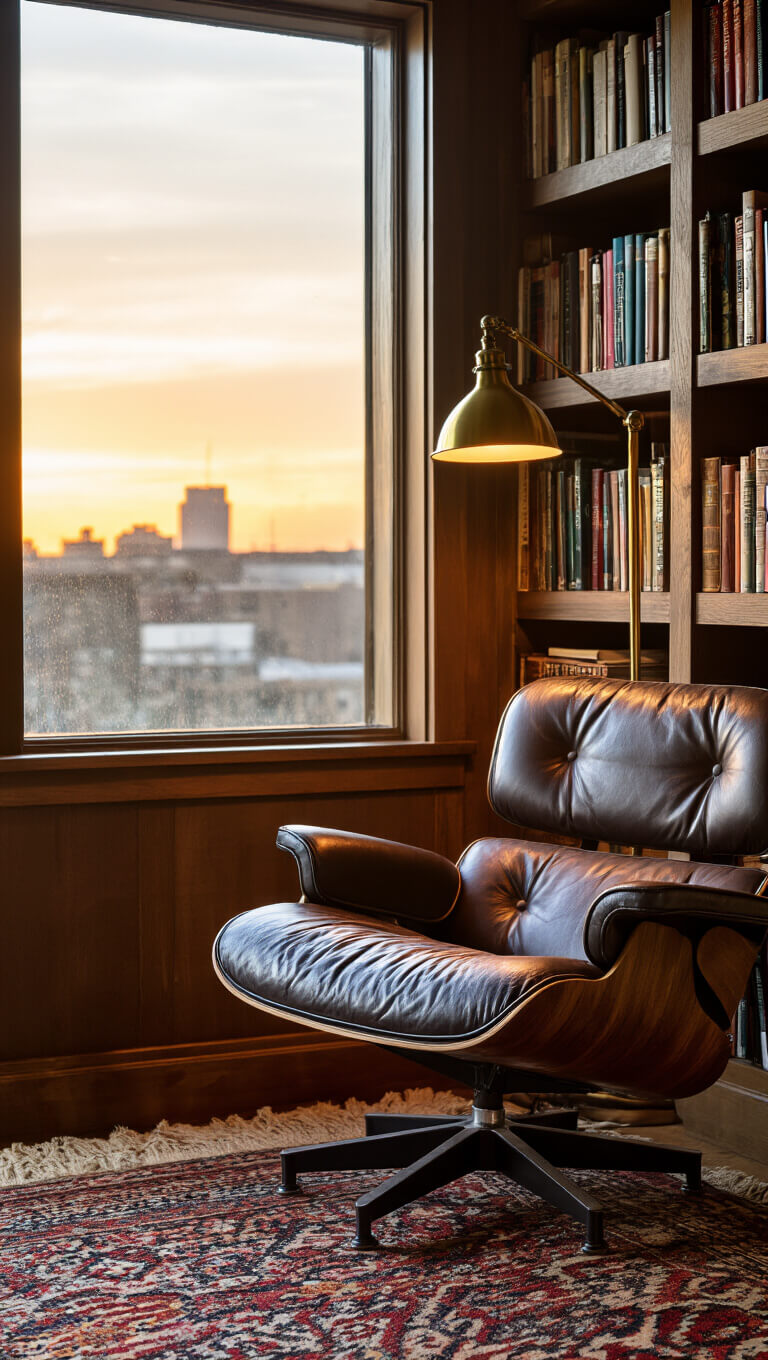 Cozy 13x15ft reading nook at sunset with vintage Eames lounge chair, brass pharmacy lamp, built-in bookshelf, and layered kilim rugs in warm lighting.