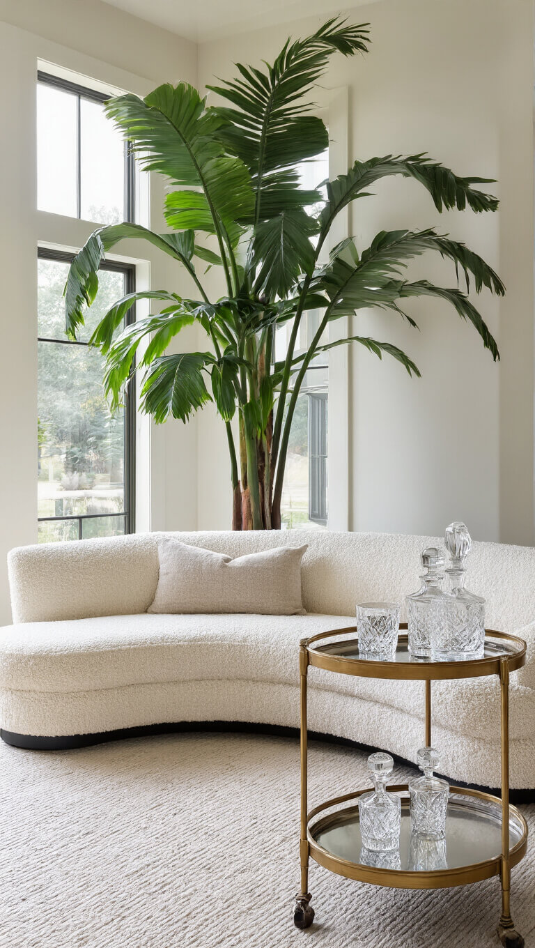 Modern great room with curved ivory bouclé sofa, vintage bar cart with crystal decanters, and tall potted palm in soft midmorning light.