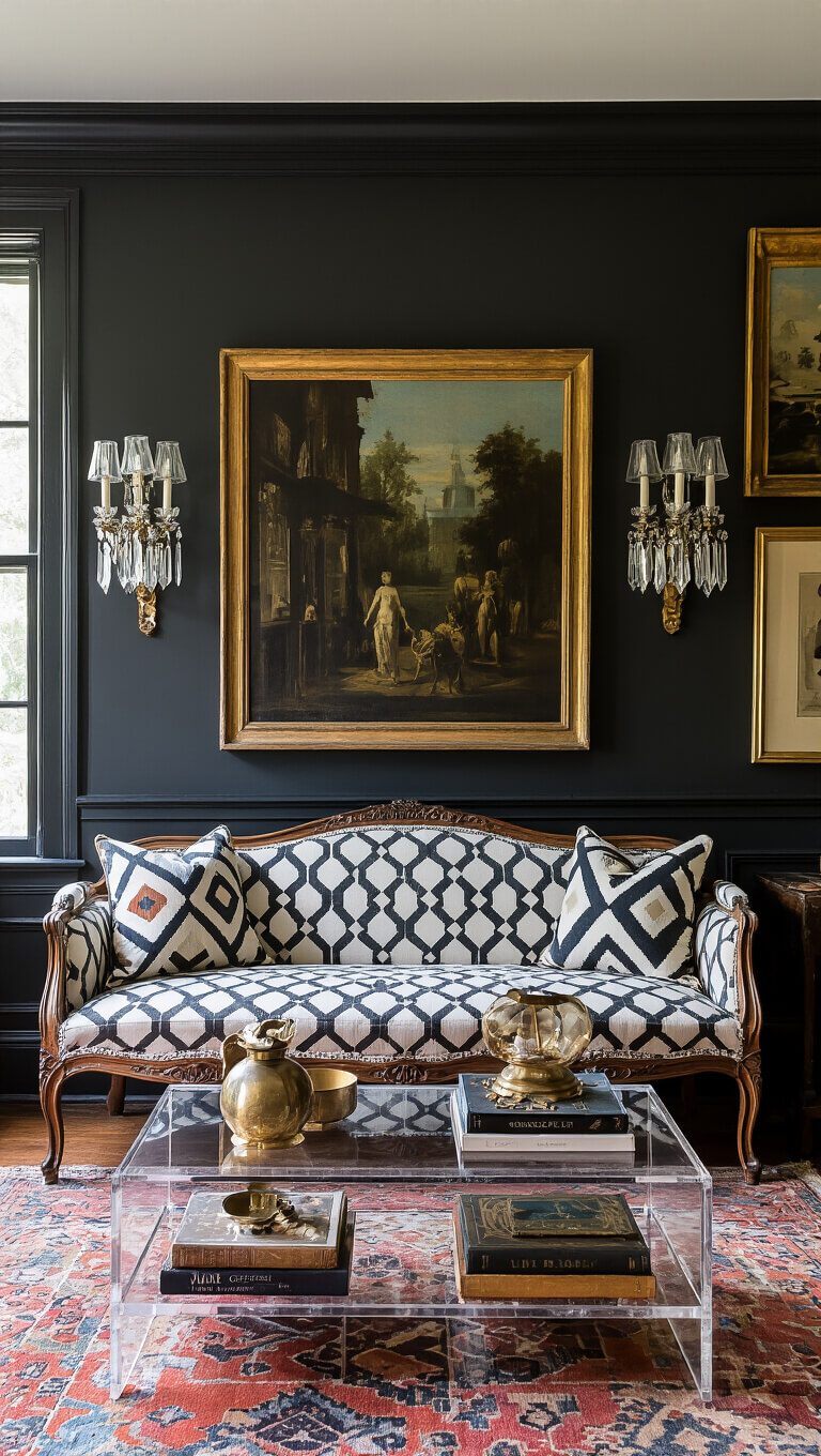 Eclectic 16x18ft sitting room with moody lighting, featuring a Victorian settee in modern geometric upholstery, Lucite coffee table with vintage books and brass decor, antique crystal sconces, and a gallery wall of mixed art styles.