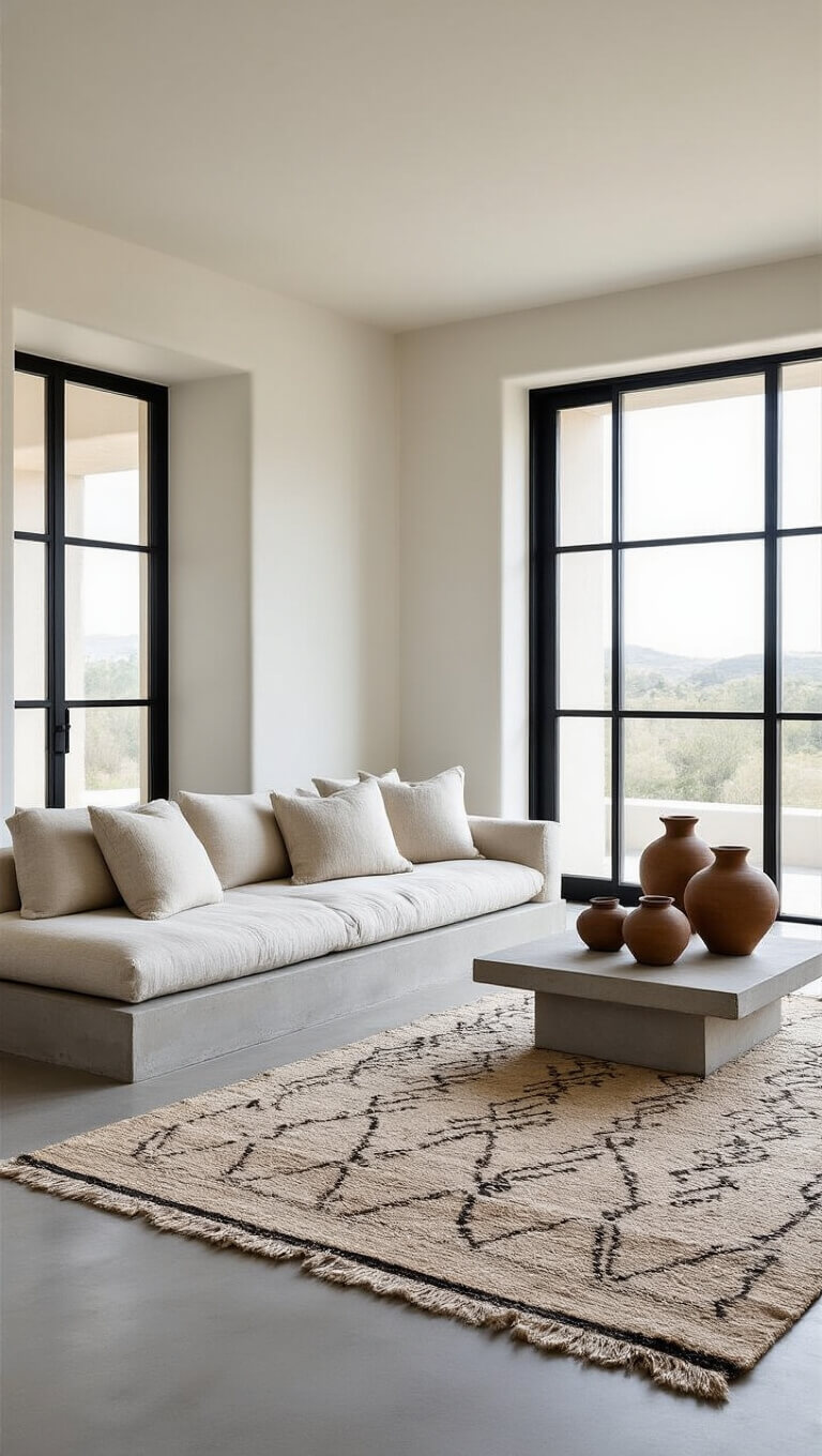 Minimalist 18x20ft living room with linen platform sofa, Moroccan rug, ceramic vessels on concrete plinth, and large black-framed windows in natural daylight.