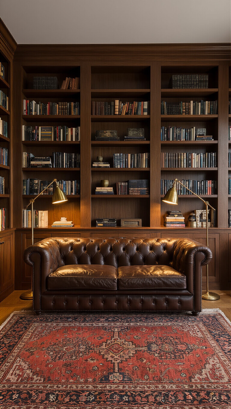 Cozy library-inspired living room with leather Chesterfield sofa, mid-century walnut shelves, layered Turkish and sisal rugs, and warm brass lighting at dusk.