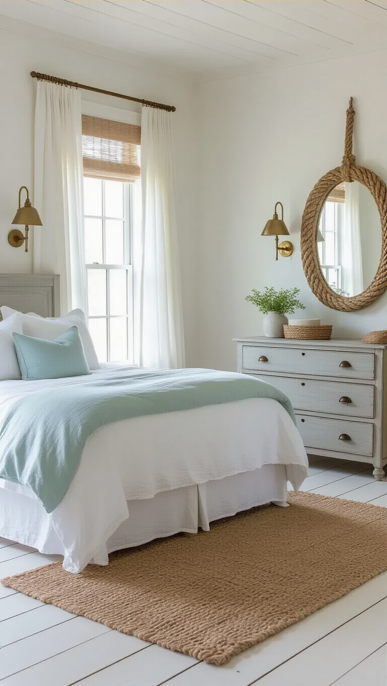 Coastal farmhouse bedroom with white linen bedding, seafoam pillows, weathered gray king bed, vintage driftwood dresser, and soft morning light through white curtains.