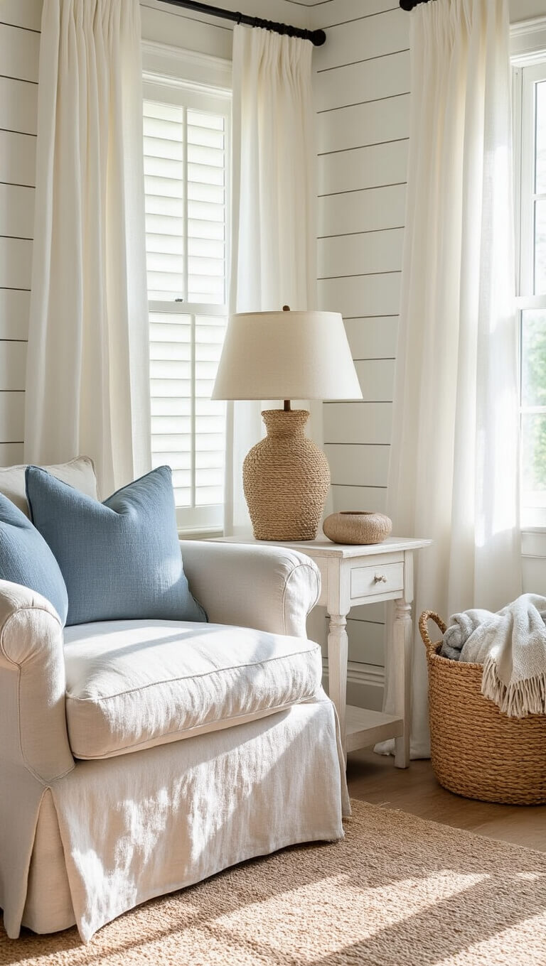 Cozy sunlit bedroom corner with linen armchair, rope-base lamp, and gauzy curtains filtering light over shiplap walls.