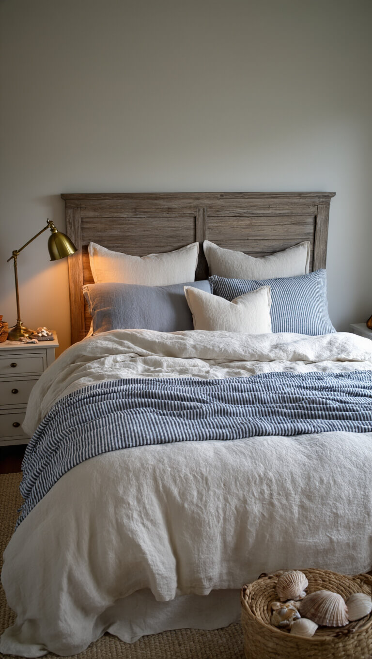 Twilight bedroom with layered ivory linen duvet, indigo throws, natural linen euro shams, brass lamp, and shells on whitewashed nightstand, viewed wide-angle from bed foot.