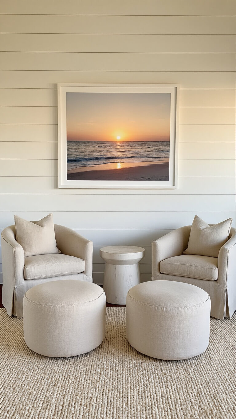 Serene bedroom sitting area with linen barrel chairs, footstools, whitewashed side table, ivory wool rug, and abstract beach art bathed in golden hour light.