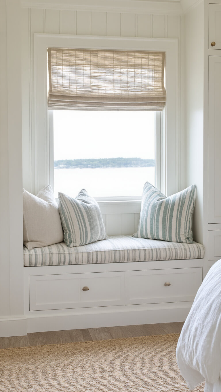 Minimalist coastal bedroom with built-in window seat, beadboard backing, white shaker cabinets, striped cushion, textured pillows, and woven roman shade.