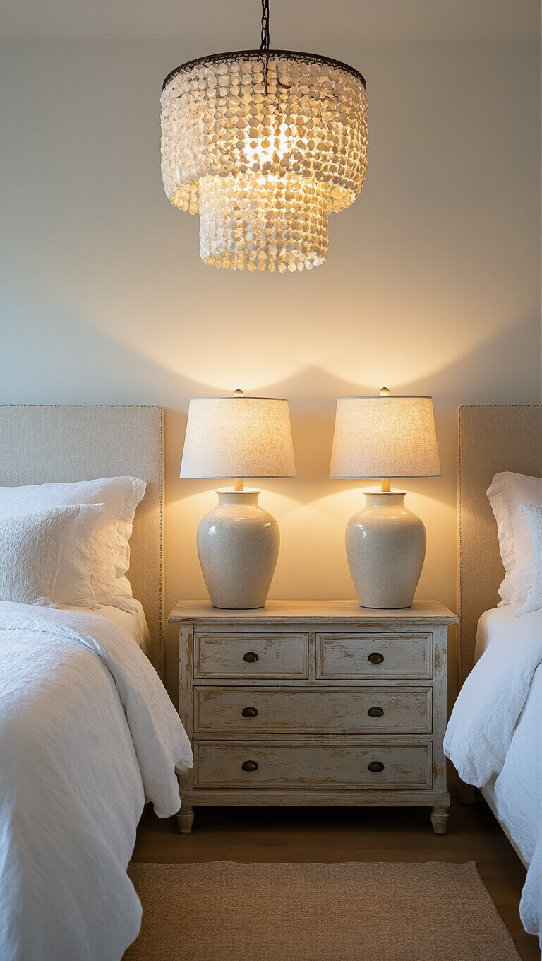 Moody evening bedroom with layered lighting, warm ceramic table lamps on weathered nightstands, capiz shell chandelier, wall sconces, and white bedding glowing softly.