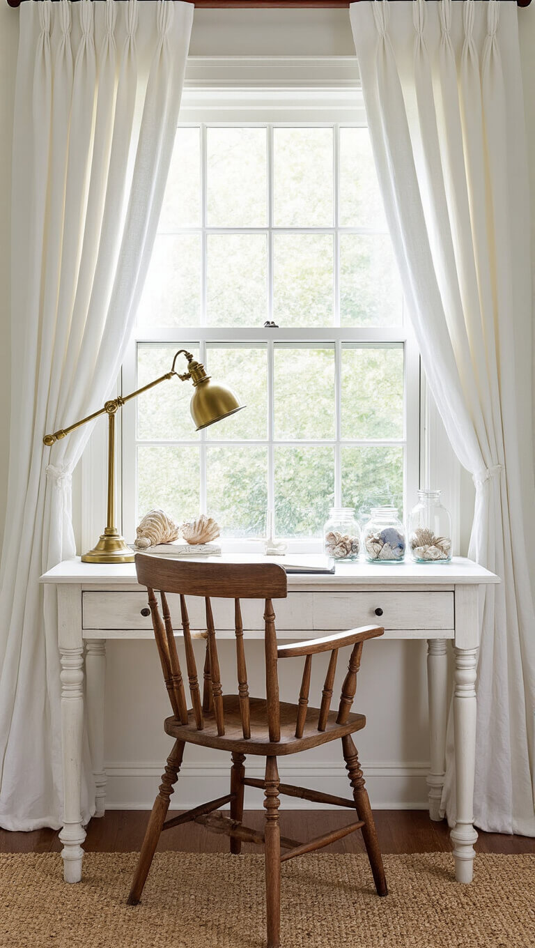 Cozy bedroom workspace with whitewashed desk under window, vintage teak chair, brass lamp, and glass vessels filled with shells and sea glass.