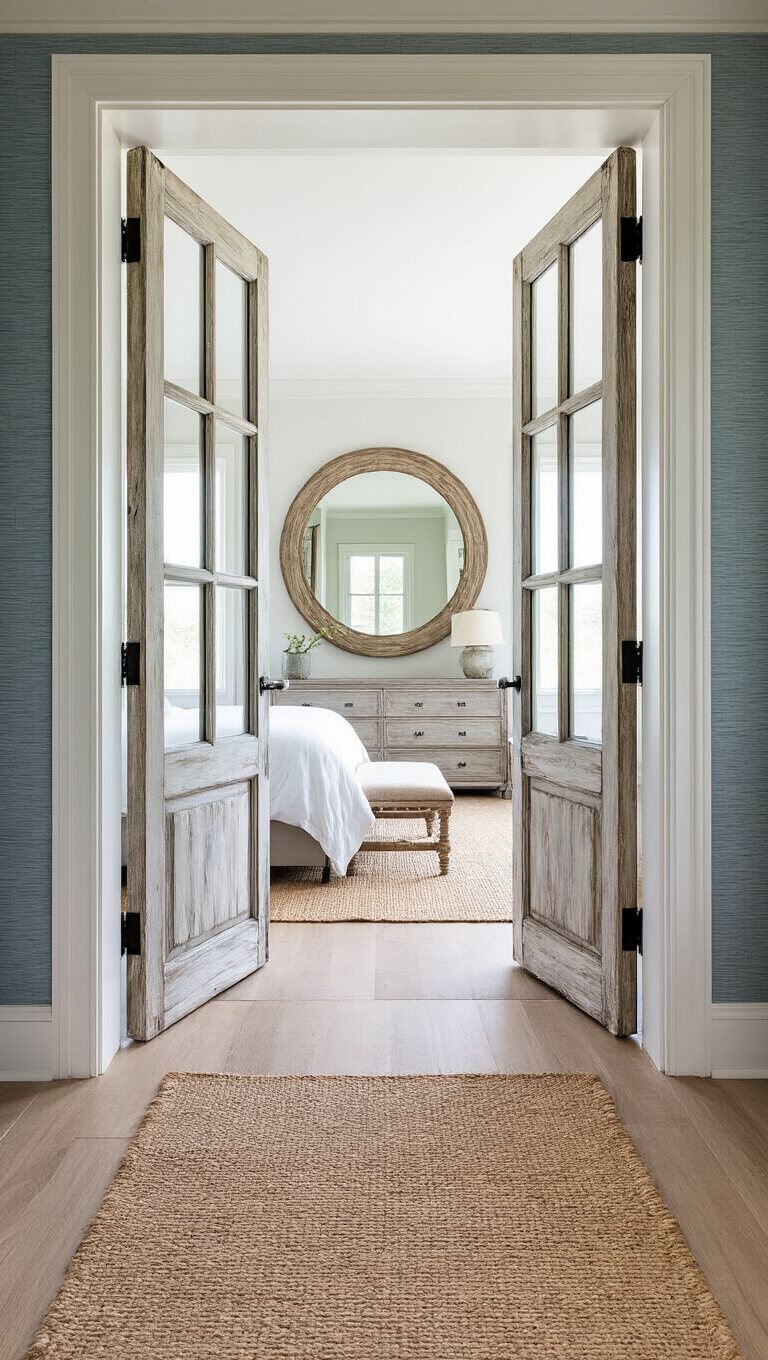 Partially open whitewashed French doors reveal coastal master suite with bed, jute runner, driftwood mirror, and blue-grey grasscloth wallpaper.