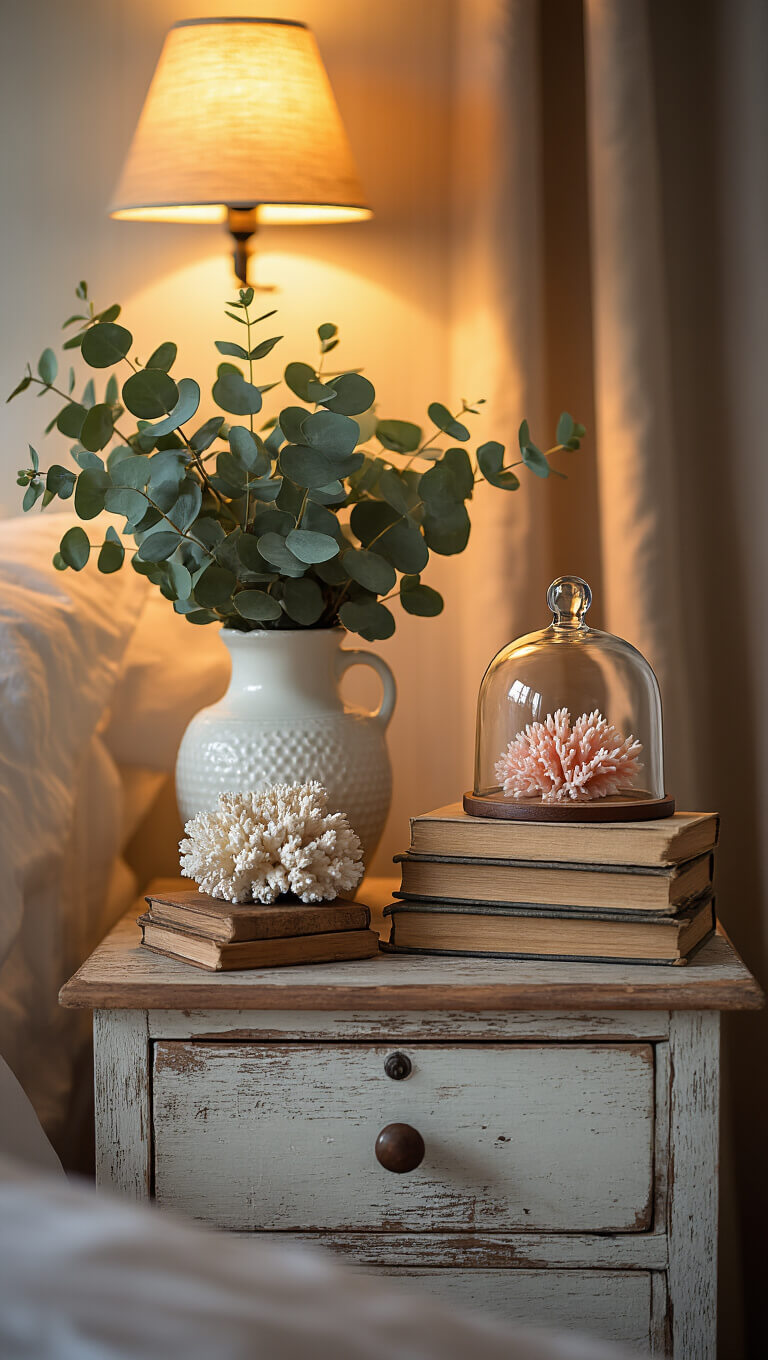Cozy bedside vignette at dusk with vintage books, coral under glass cloche, ceramic lamp, and eucalyptus in white vase.