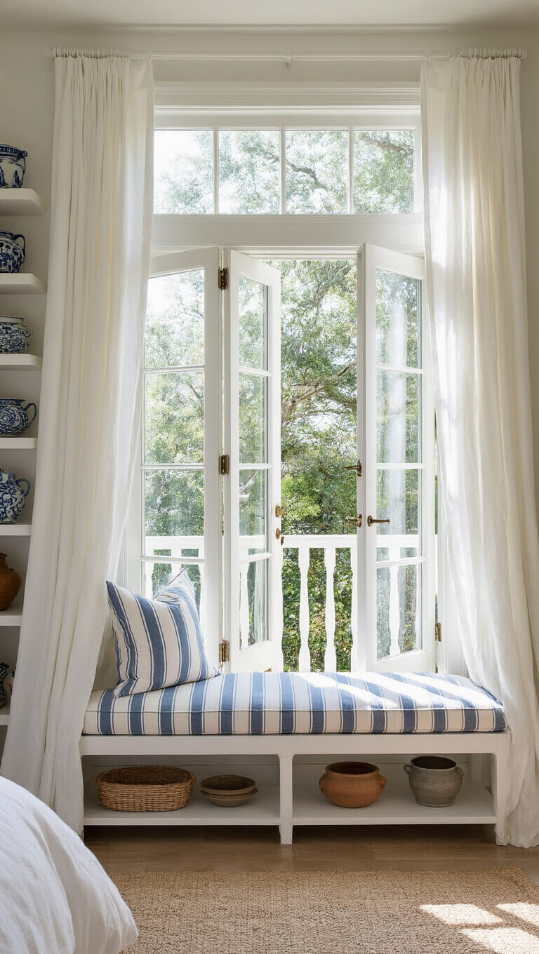 Airy bedroom window wall with three French doors, white linen curtains, coastal blue bench, and pottery on floating shelves in morning light.