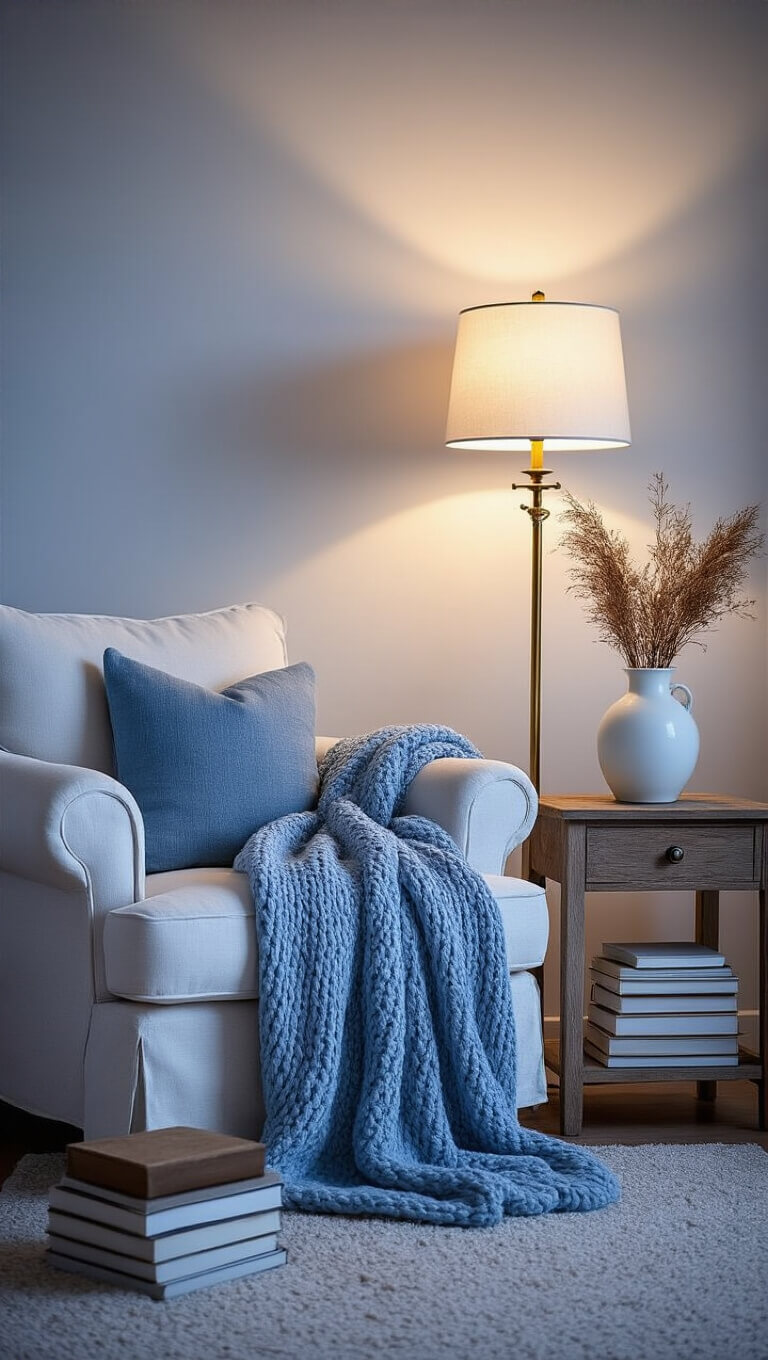 Cozy reading nook with white linen armchair, wood side table, brass lamp, and soft blue throw lit during twilight.