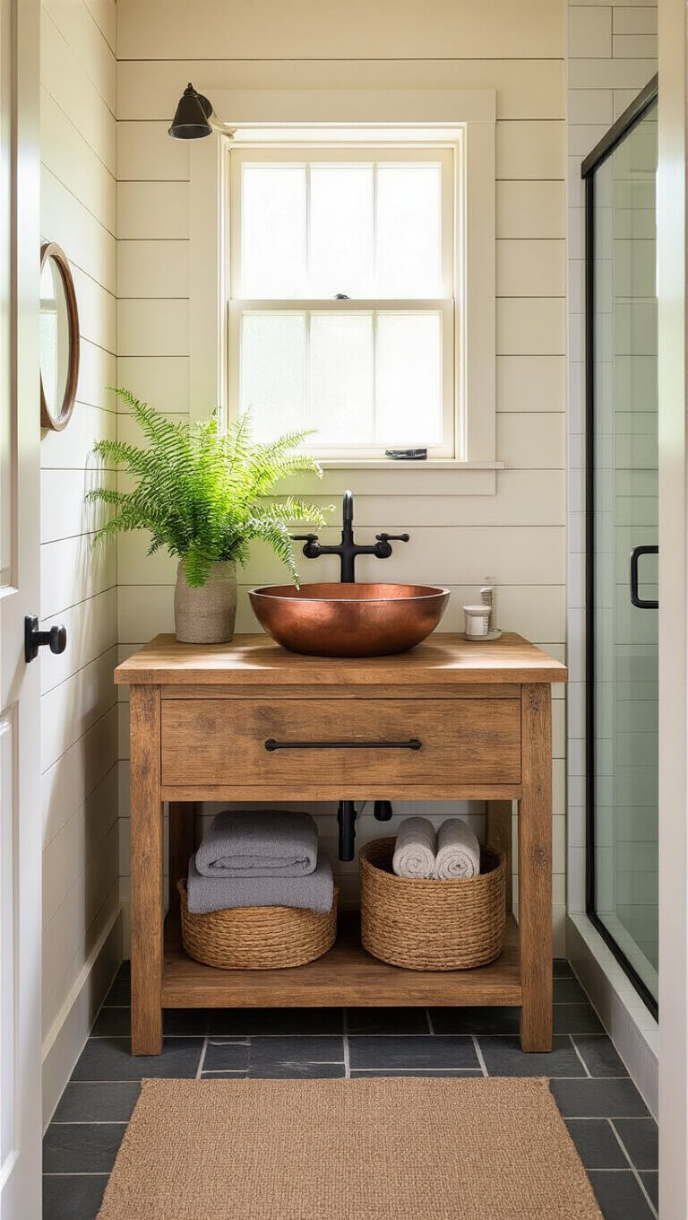 Sunlit cabin bathroom with oak vanity, copper sink, black fixtures, fern plants, and slate herringbone floor tiles leading to glass shower.