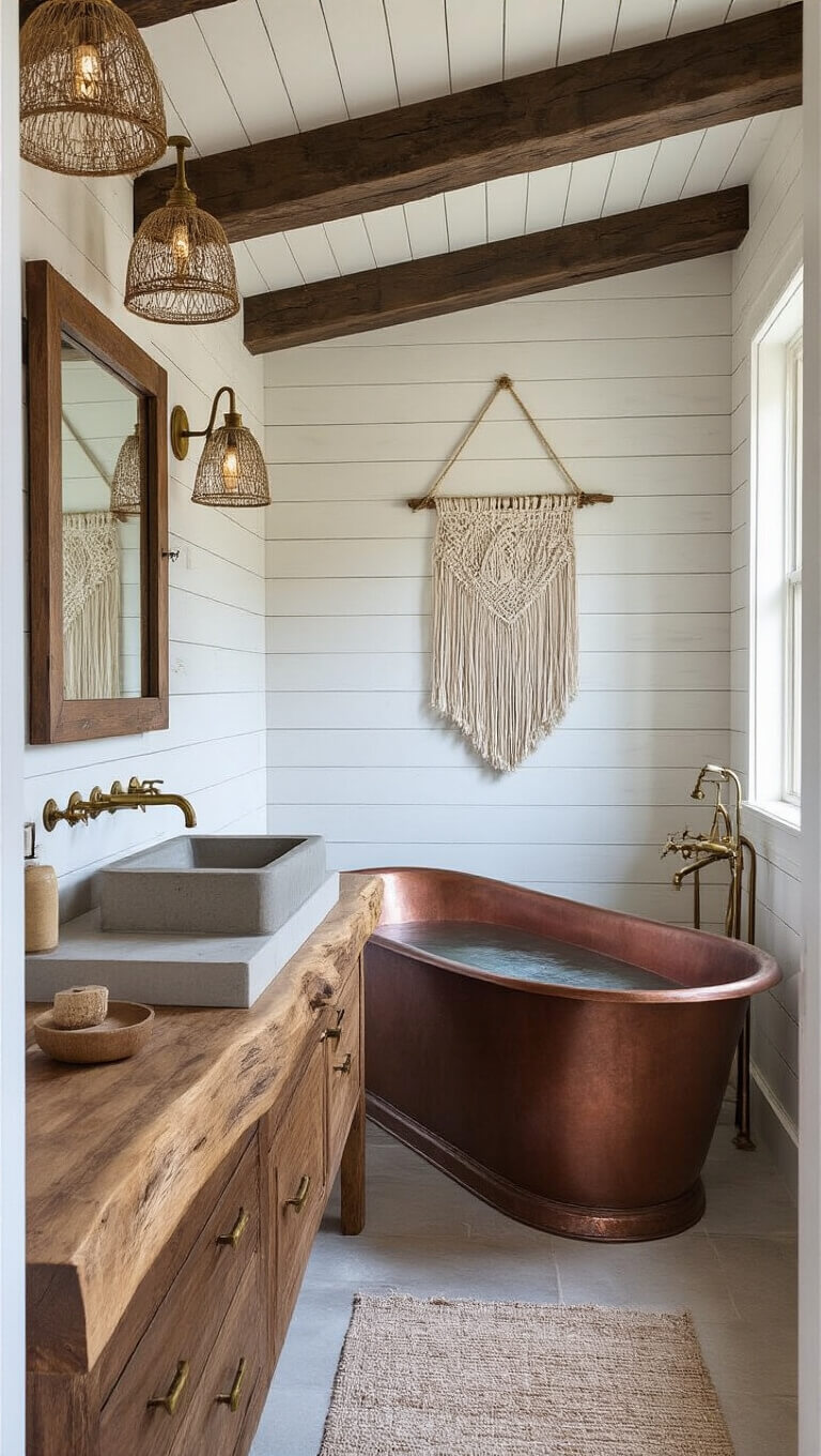 Rustic 30 sq ft bathroom with white-washed pine walls, dark walnut beams, copper soaking tub, and custom vanity under warm brass sconces.