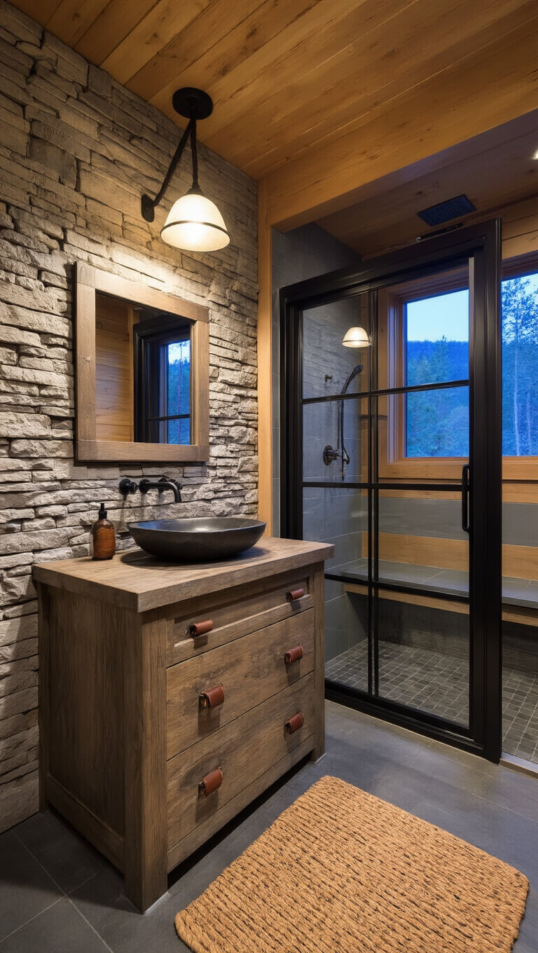 Cozy 35 sq ft mountain cabin bathroom with stone accent wall, slate vessel sink, distressed wood vanity, and industrial shower door under moody dusk lighting.