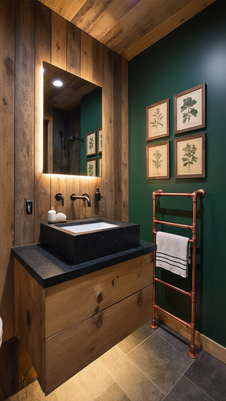 Twilight-lit woodland bathroom with cedar plank walls, floating black granite sink on pine vanity, copper towel ladder, and forest green accent wall with botanical prints.