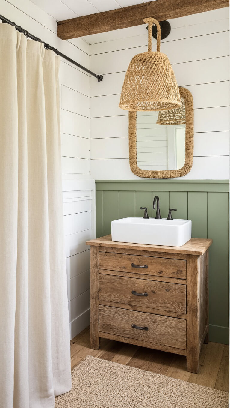 Golden hour light fills a cozy 32 sq ft lakeside cabin bathroom with white shiplap, sage green paneling, barn wood vanity, farmhouse sink, rope mirror, and woven pendant shadows.
