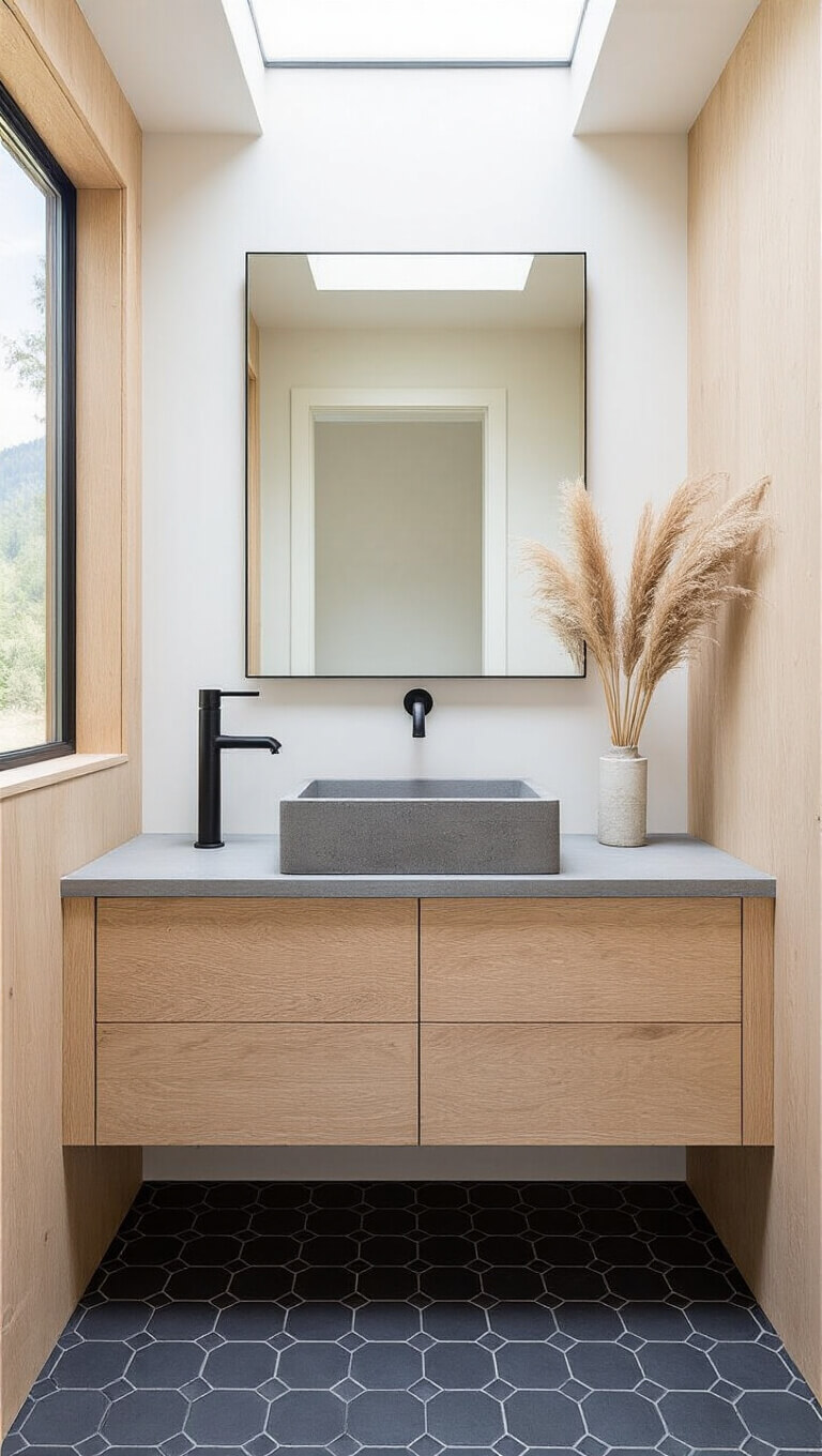 Minimalist mountain modern bathroom with concrete vanity, stone vessel sink, black fixtures, and bleached oak walls in cool morning light.