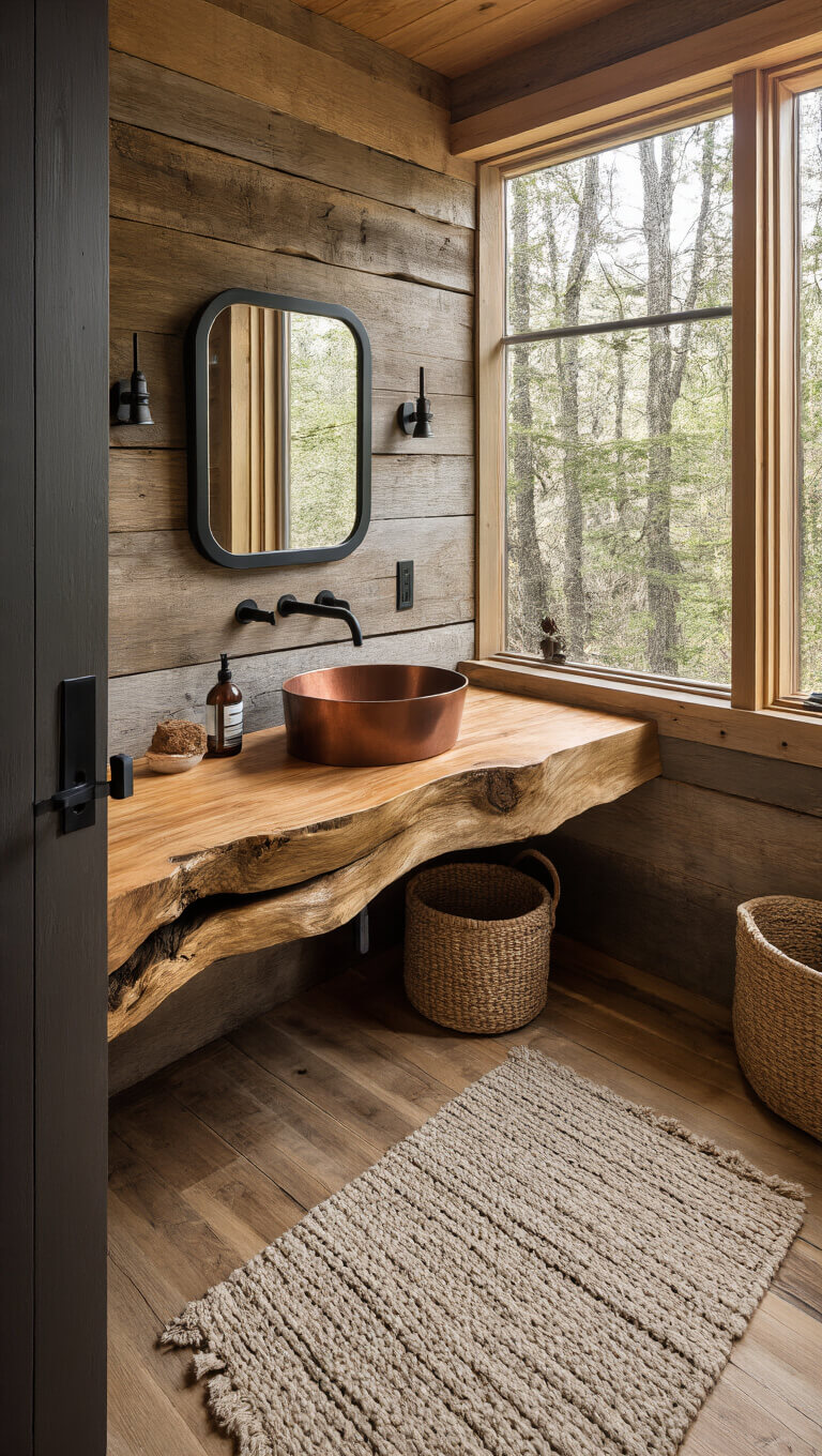Rustic-modern forest cabin bathroom with timber walls, live-edge vanity, copper sink, brass mirror, and clerestory window lighting.