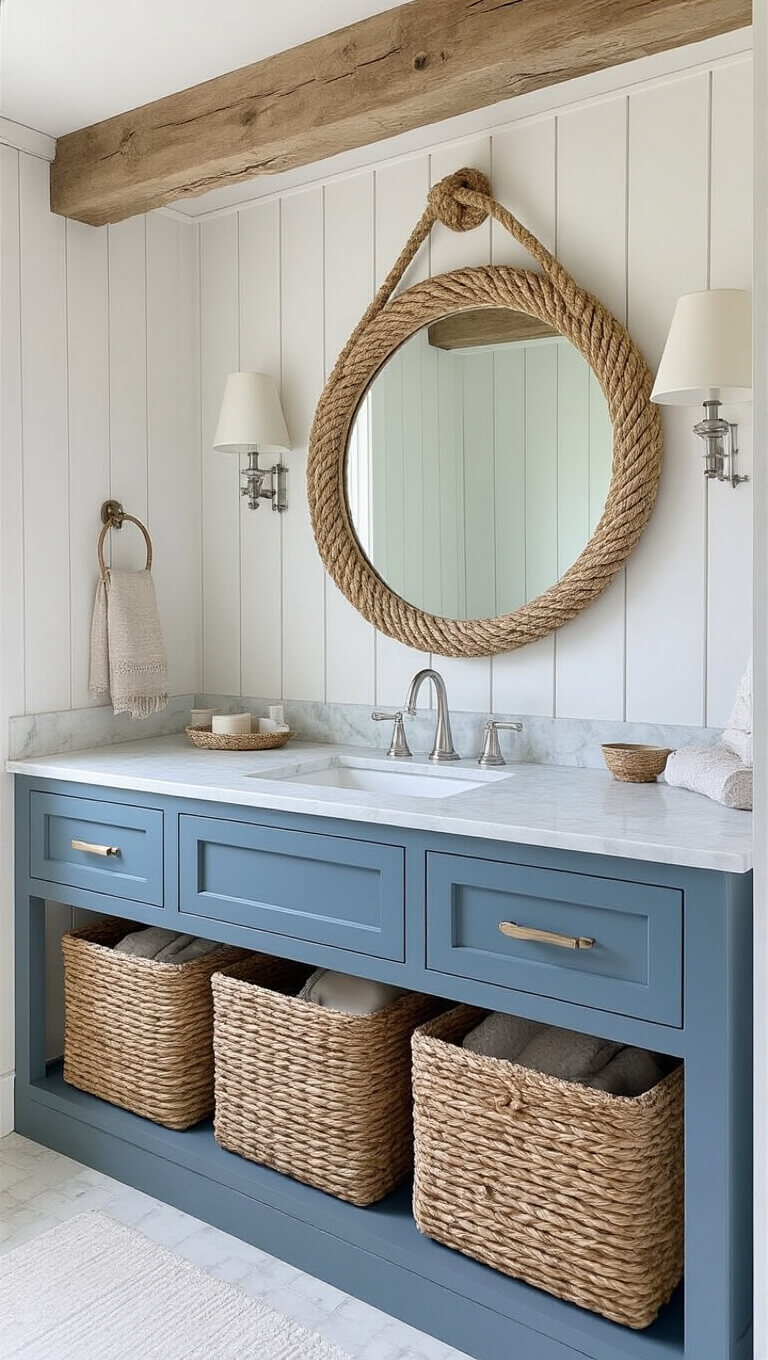 Cozy lakeside bathroom with white beadboard walls, blue-grey vanity, rope mirror, and driftwood accents in soft afternoon light.