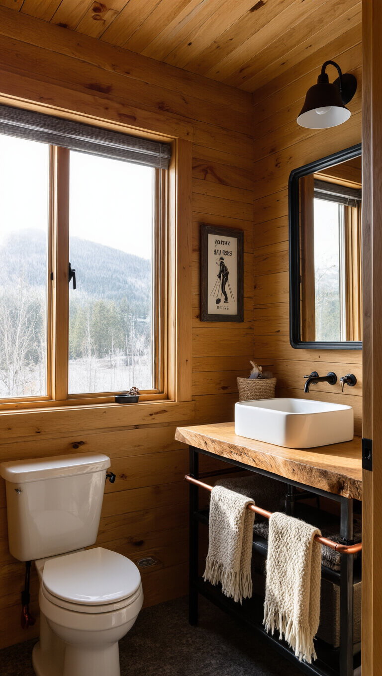Cozy 30 sq ft alpine bathroom with knotty pine walls, wood slab vanity, vessel sink, and vintage ski art lit by sunrise.
