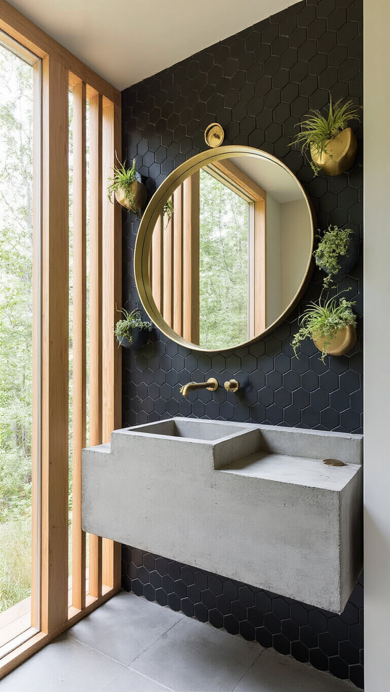 Modern 36 sq ft wilderness bathroom with floating concrete vanity, vertical cedar slat privacy screen, black hexagon tile accent wall, round brass mirror, and air plants in geometric planters.
